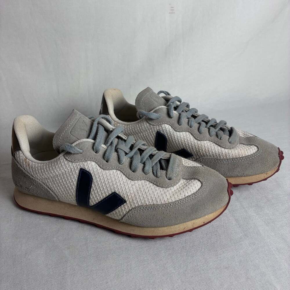 VEJA SMR Grey Off White Mesh Suede Navy V Sneakers Women 7 EUR 38 Made in Brazil